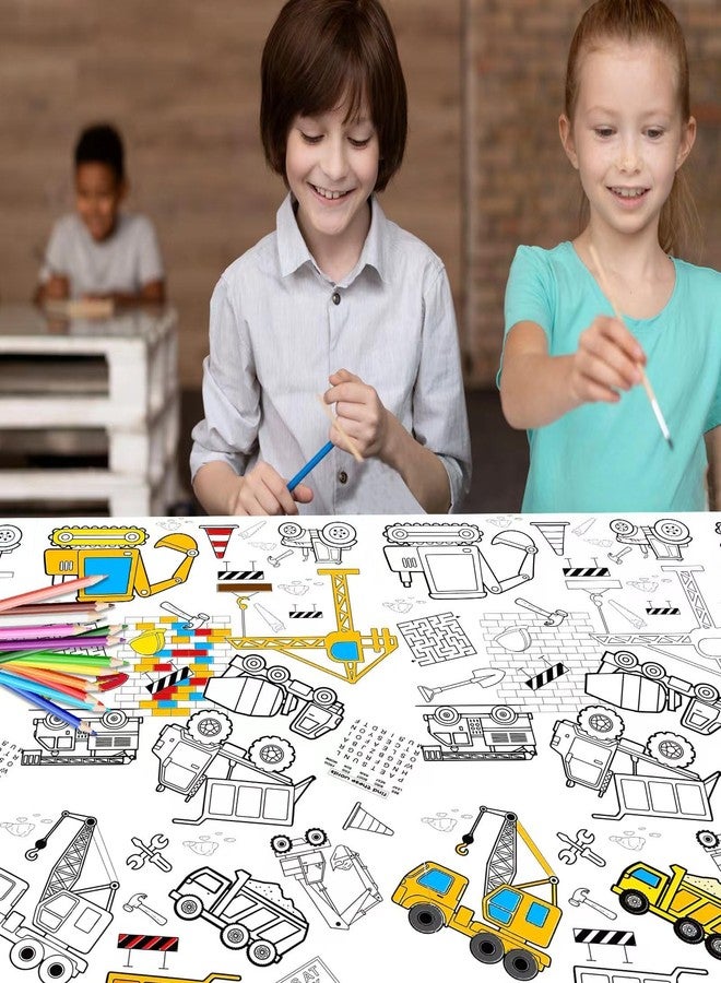 Litmitfu 1 Pack Construction Coloring Table Cloth for Kids - Giant Construction Theme Color-in Paper Poster, Dump Truck Painting Activity Tablecloth for Construction Birthday Party Supplies Favors, 54 x 108 In - Image 2